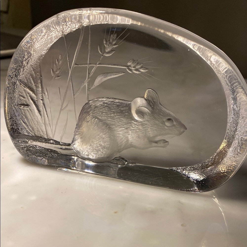 Glass Art Sculpture with Etched Mouse Design